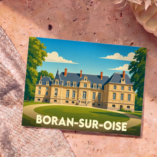Carte postale souvenir de Boran-sur-Oise illustrant un château majestueux dans un style graphique épuré.