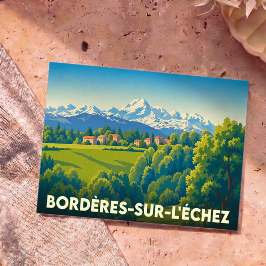 Carte postale souvenir de la ville de Bordères-sur-l'Échez avec une illustration stylisée d'un paysage de montagne.