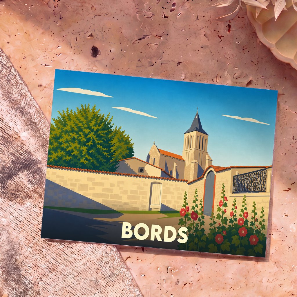 Carte postale souvenir de la ville de Bords illustrant son église et ses murs de pierre dans un style graphique épuré.