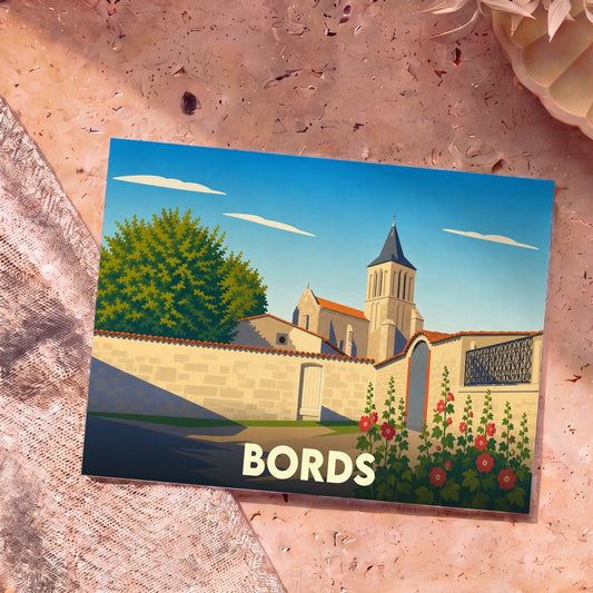 Carte postale souvenir de la ville de Bords illustrant son église et ses murs de pierre dans un style graphique épuré.