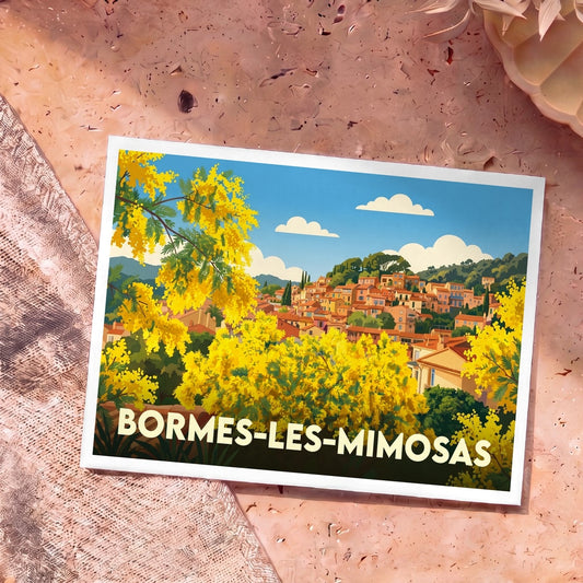 Carte postale souvenir de la ville de Bormes-les-Mimosas arborant une illustration colorée de ses célèbres mimosas en fleurs devant le village provençal.