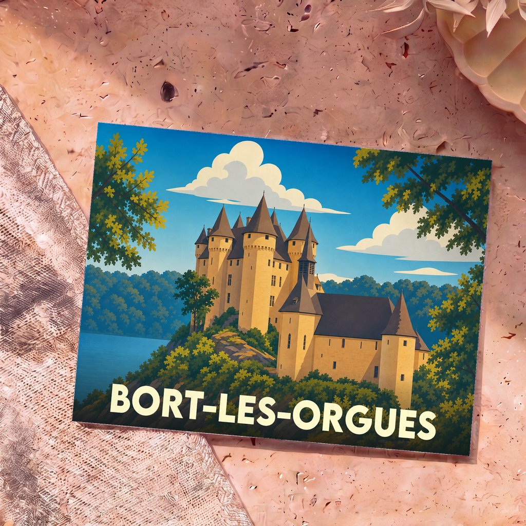 Carte postale souvenir de la ville de Bort-les-Orgues avec une illustration stylisée du château de Val.