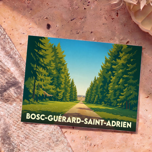 Carte postale souvenir de la ville de Bosc-Guérard-Saint-Adrien avec une illustration stylisée d'une allée forestière menant à un château.
