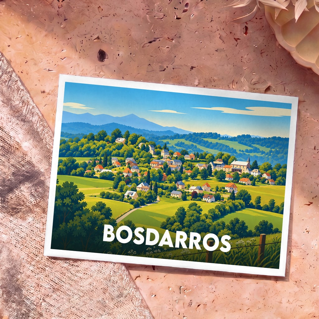 Carte postale souvenir de la commune de Bosdarros présentant une illustration stylisée de son paysage vallonné.