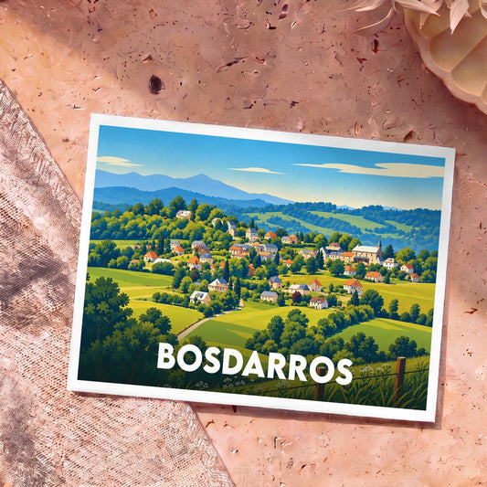 Carte postale souvenir de la commune de Bosdarros présentant une illustration stylisée de son paysage vallonné.
