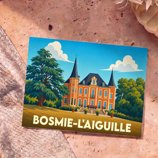 Carte postale souvenir de la ville de Bosmie-l'Aiguille avec une illustration stylisée d'un château.
