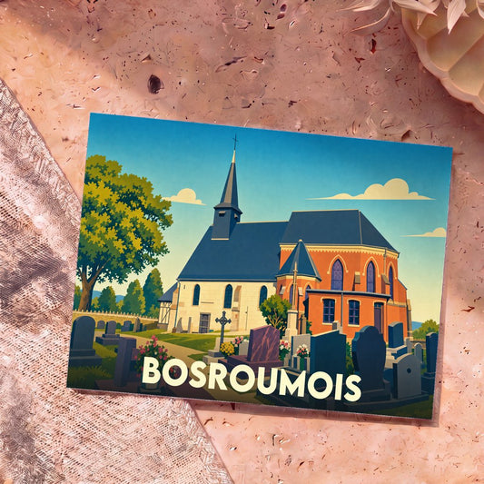 Carte postale souvenir de la ville de Bosroumois avec une illustration stylisée de son église et de son cimetière.