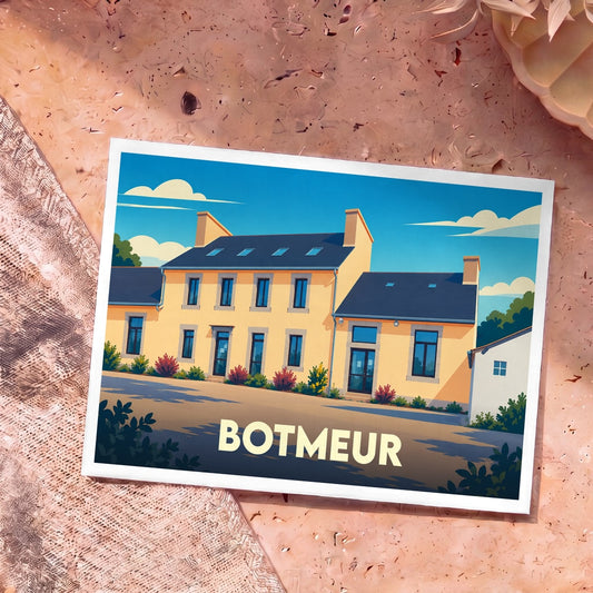 Carte postale souvenir de la ville de Botmeur avec une illustration stylisée d'un bâtiment breton.