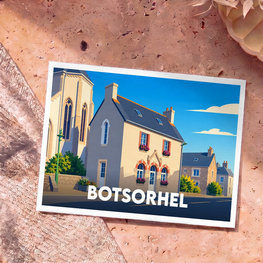Carte postale souvenir de la ville de Botsorhel avec une illustration stylisée montrant ses maisons et son église.