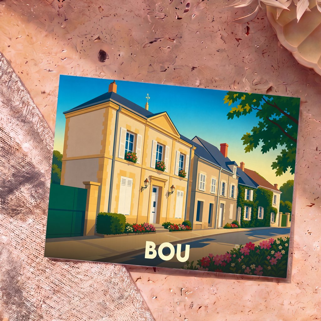 Carte postale souvenir de la ville de Bou avec une illustration stylisée de maisons colorées.
