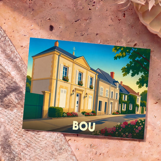 Carte postale souvenir de la ville de Bou avec une illustration stylisée de maisons colorées.