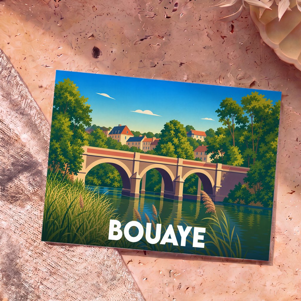 Carte postale souvenir de la ville de Bouaye avec une illustration stylisée d'un pont à arches surplombant une rivière.