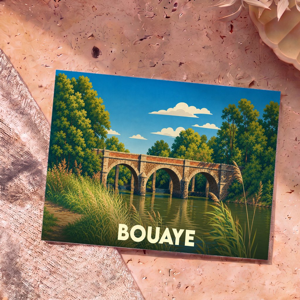 Carte postale souvenir de la ville de Bouaye avec une illustration stylisée d'un pont de pierre au-dessus de l'eau.