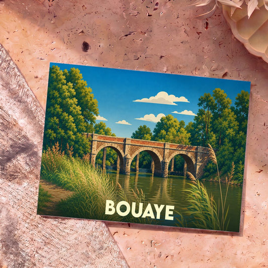 Carte postale souvenir de la ville de Bouaye avec une illustration stylisée d'un pont de pierre au-dessus de l'eau.