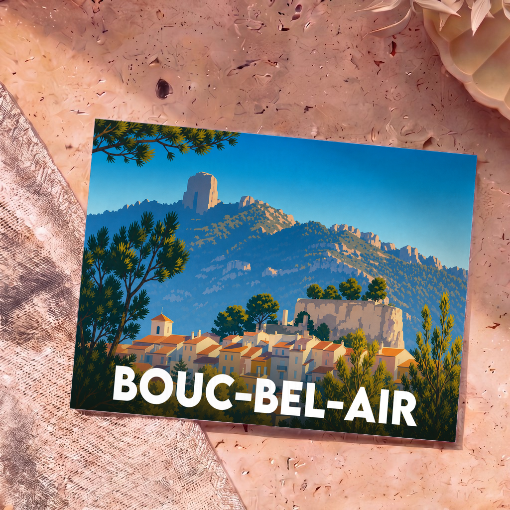 Carte postale souvenir de la ville de Bouc-Bel-Air avec une illustration stylisée de son village et des montagnes environnantes.