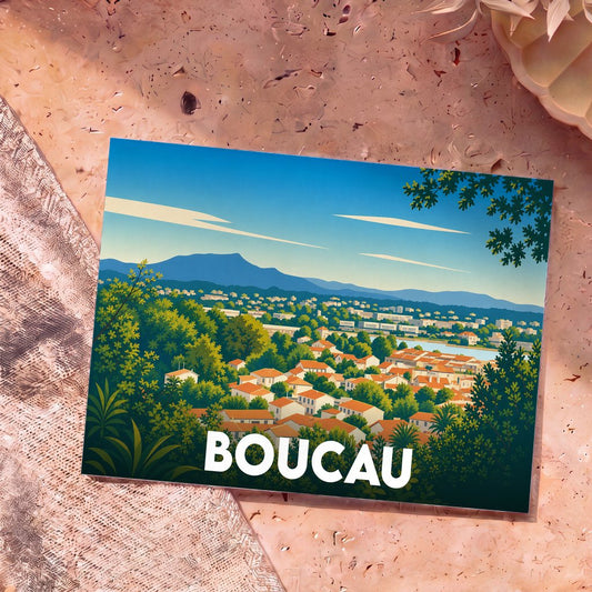 Carte postale souvenir de la ville de Boucau présentant une illustration stylisée et colorée du paysage urbain.