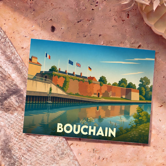 Carte postale souvenir de la ville de Bouchain arborant une illustration stylisée de ses remparts au bord de l'eau.