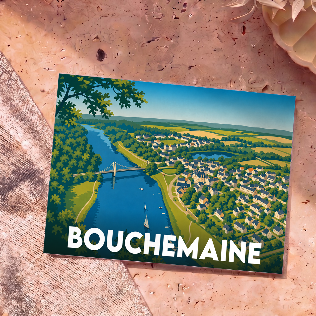 Carte postale souvenir de la ville de Bouchemaine avec une illustration panoramique stylisée.