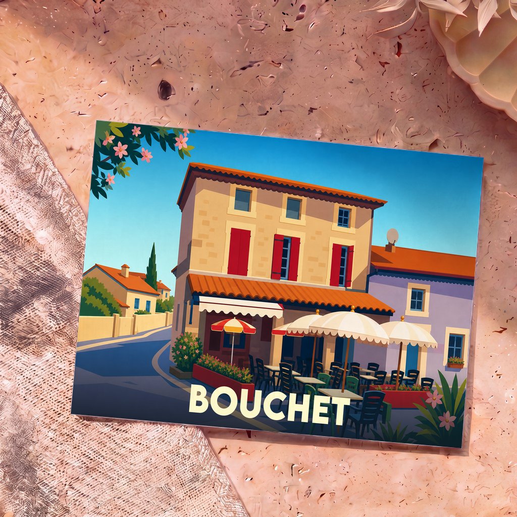 Carte postale souvenir de la ville de Bouchet avec une illustration stylisée d'une terrasse de café ensoleillée.
