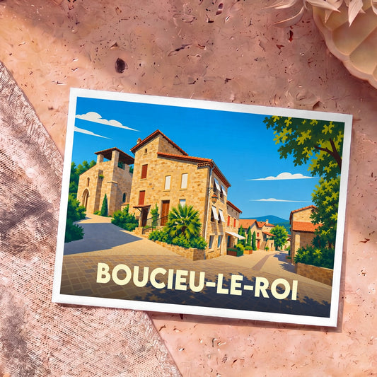 Carte postale souvenir de la ville de Boucieu-le-Roi avec une illustration stylisée.