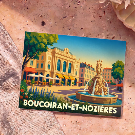 Carte postale souvenir de la ville de Boucoiran-et-Nozières illustrant une place ensoleillée avec une fontaine sculptée et des bâtiments classiques.