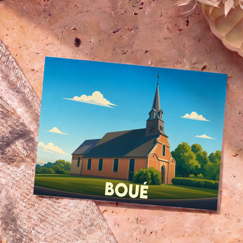 Carte postale souvenir de la ville de Boué illustrant son église dans un style graphique épuré.