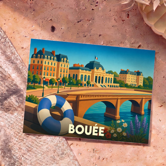 Carte postale souvenir de la ville de Bouée avec une illustration stylisée d'un paysage urbain au bord de l'eau.