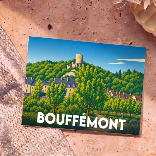 Carte postale souvenir de la ville de Bouffémont avec une illustration stylisée d'un château surplombant la nature.