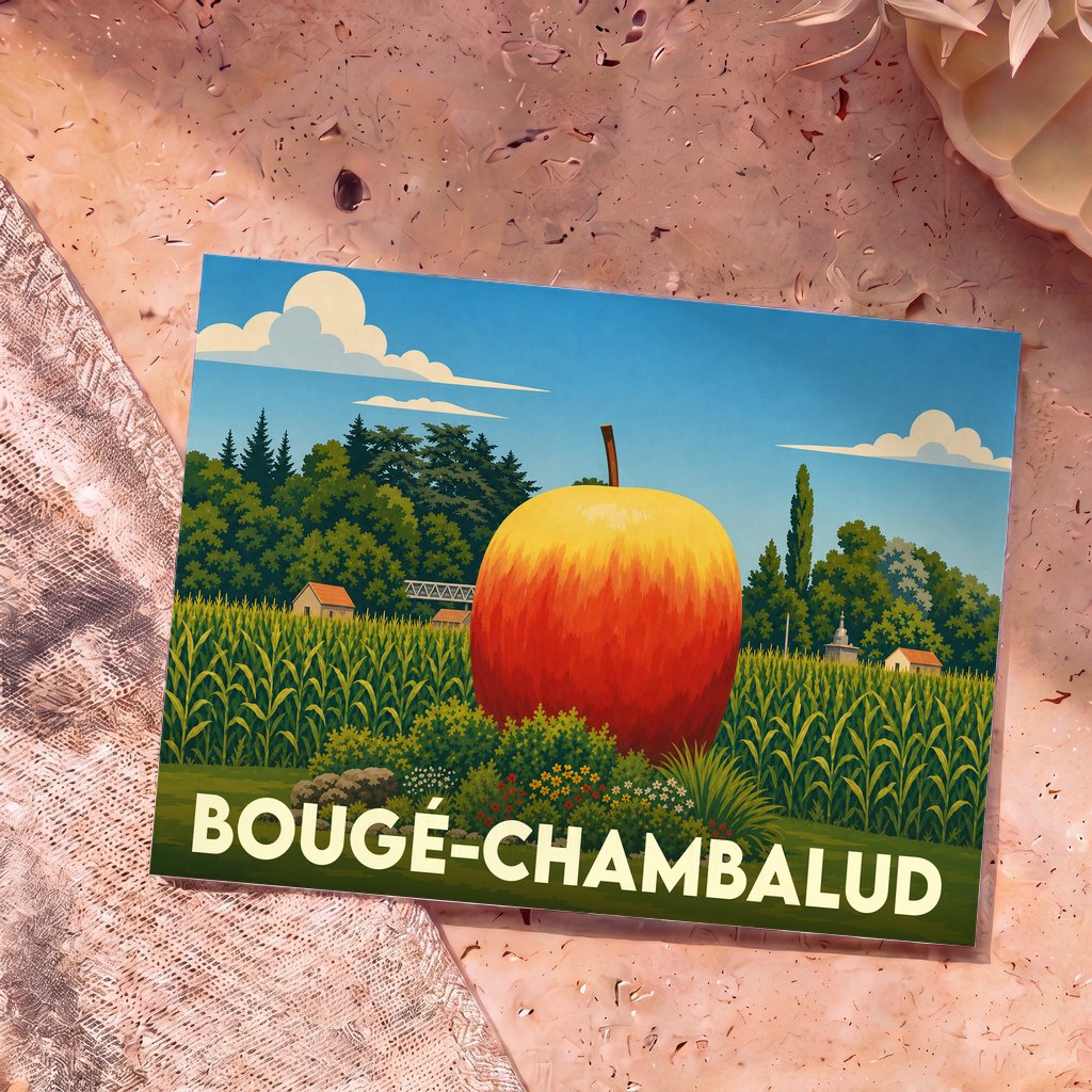 Carte postale souvenir de la ville de Bougé-Chambalud représentant une pomme géante dans un champ.