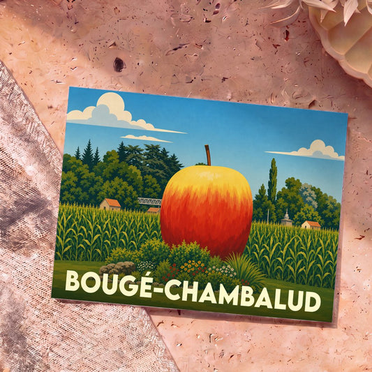 Carte postale souvenir de la ville de Bougé-Chambalud représentant une pomme géante dans un champ.