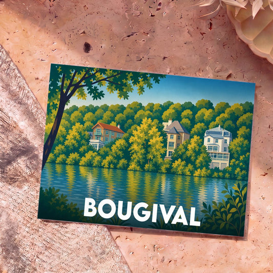 Carte postale souvenir de la ville de Bougival illustrant des maisons colorées au bord de l'eau.