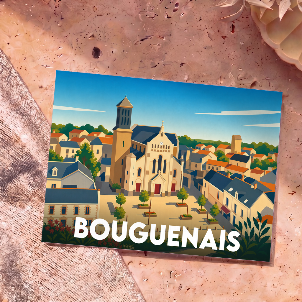 Carte postale souvenir de la ville de Bouguenais avec une illustration stylisée de son église et de ses maisons.