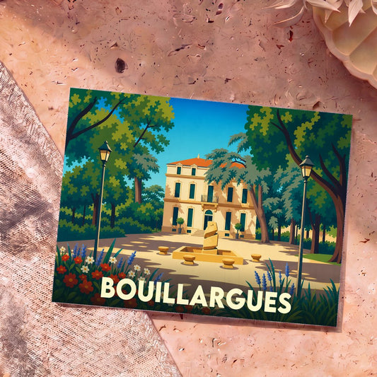 Carte postale souvenir de la ville de Bouillargues avec une illustration stylisée d'un parc et d'une bâtisse provençale.