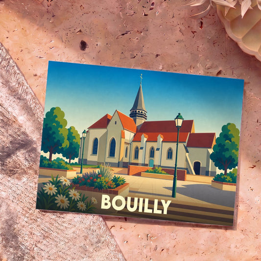 Carte postale souvenir de la ville de Bouilly avec une illustration stylisée de son église et de ses jardins.