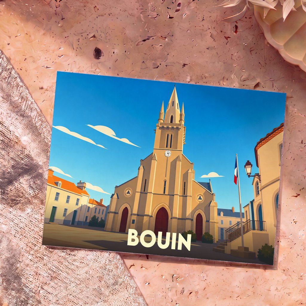 Carte postale souvenir de la ville de Bouin avec une illustration stylisée de son église et de sa place principale.