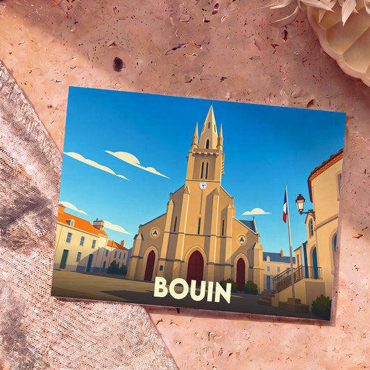 Carte postale souvenir de la ville de Bouin avec une illustration stylisée de son église et de sa place principale.