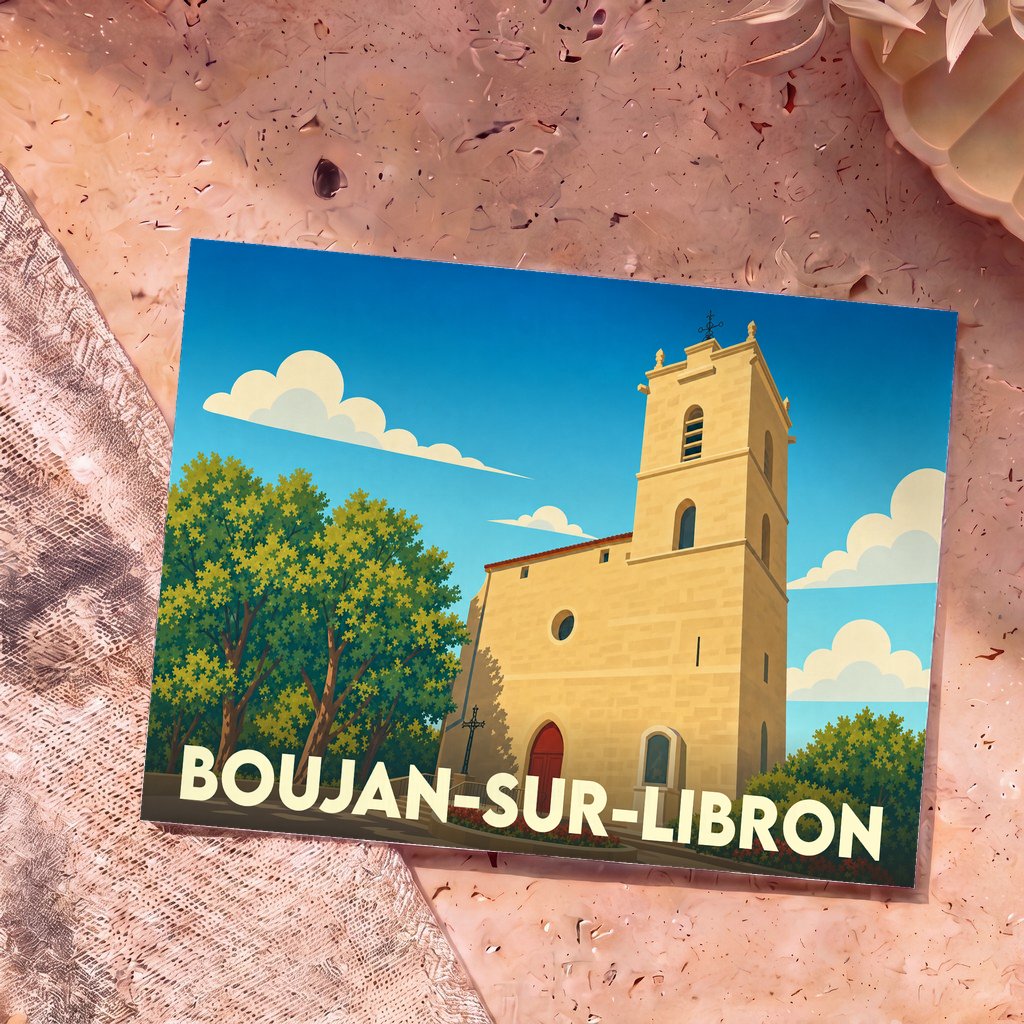Carte postale souvenir de la ville de Boujan-sur-Libron présentant une illustration stylisée de son église sous un ciel bleu.