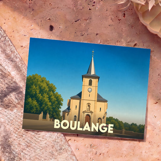 Carte postale souvenir de la ville de Boulange avec une illustration stylisée de son église.