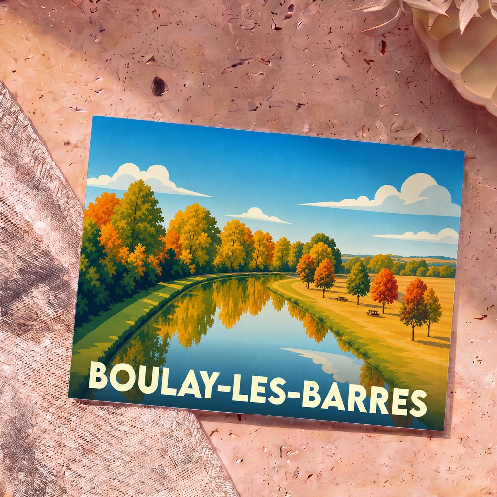 Carte postale souvenir de la ville de Boulay-les-Barres avec une illustration stylisée d'un canal en automne.