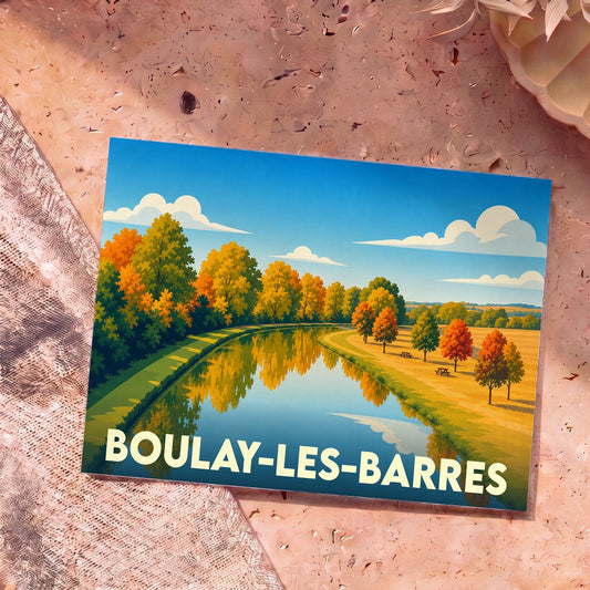 Carte postale souvenir de la ville de Boulay-les-Barres avec une illustration stylisée d'un canal en automne.