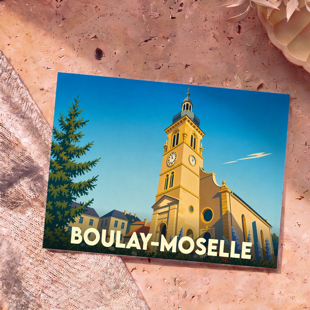 Carte postale souvenir de la ville de Boulay-Moselle avec une illustration stylisée de son église.