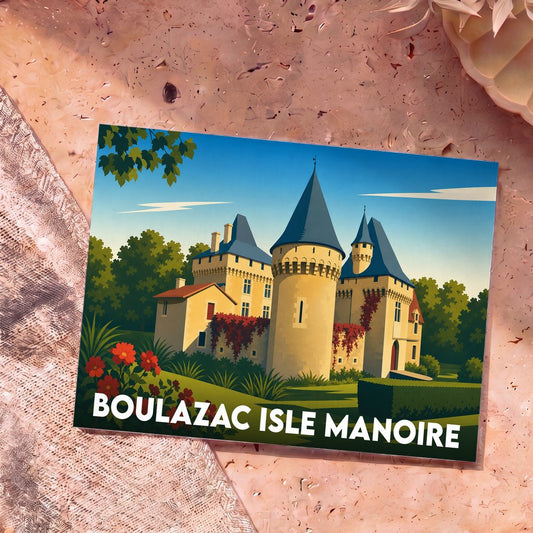 Carte postale souvenir de la ville de Boulazac Isle Manoire avec une illustration stylisée d'un château.