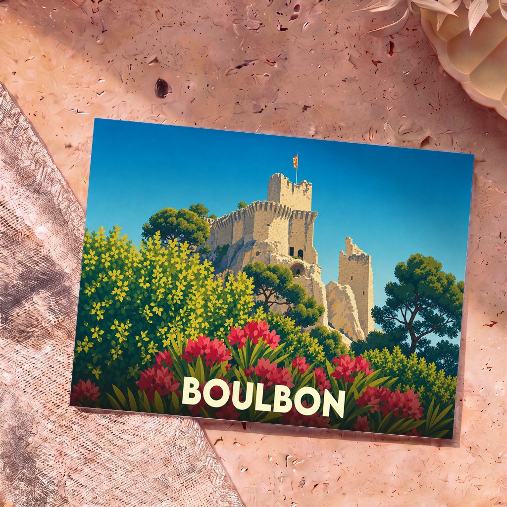Carte postale souvenir de la ville de Boulbon illustrant son château médiéval dans un style coloré et graphique.
