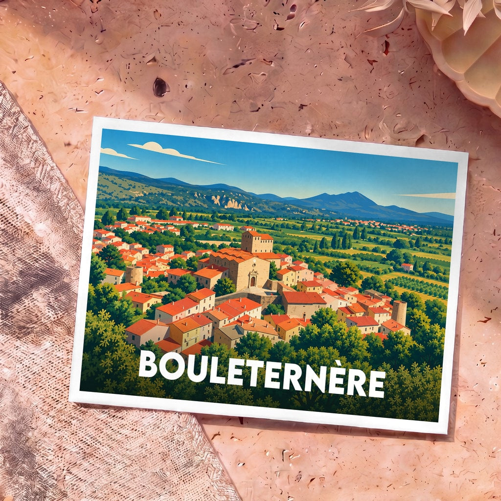 Carte postale souvenir de la ville de Bouleternère avec une illustration colorée et stylisée de son village.