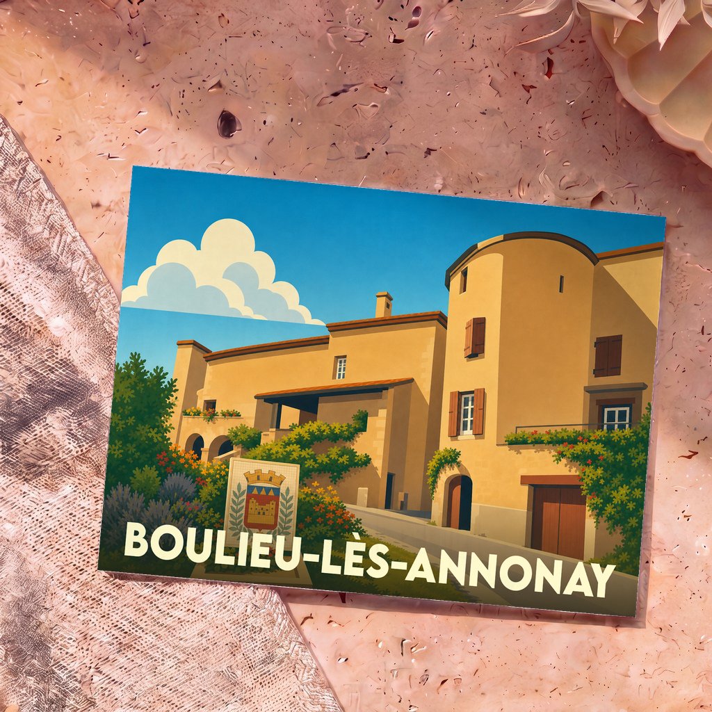 Carte postale souvenir de la ville de Boulieu-lès-Annonay avec une illustration stylisée d'un village médiéval.