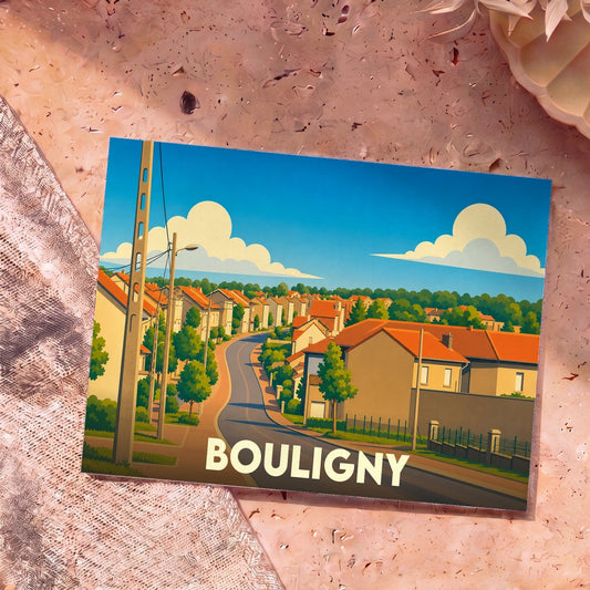 Carte postale souvenir de la ville de Bouligny avec une illustration stylisée d'un quartier résidentiel.