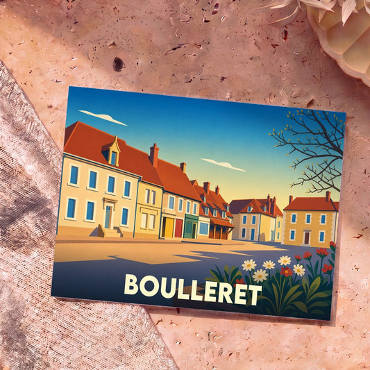 Carte postale souvenir de la ville de Boulleret avec une illustration stylisée de ses maisons colorées.