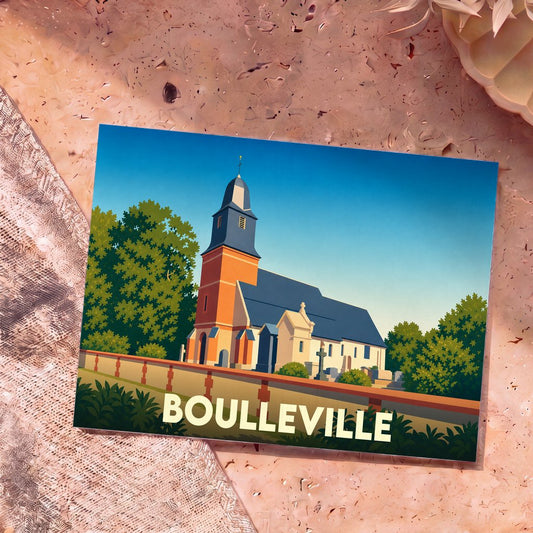 Carte postale souvenir de la ville de Boulleville avec une illustration stylisée de son église.