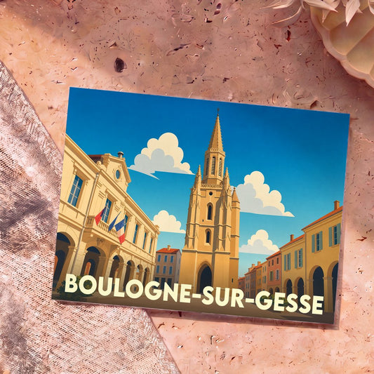 Carte postale souvenir de la ville de Boulogne-sur-Gesse avec une illustration stylisée de son église et de sa mairie.