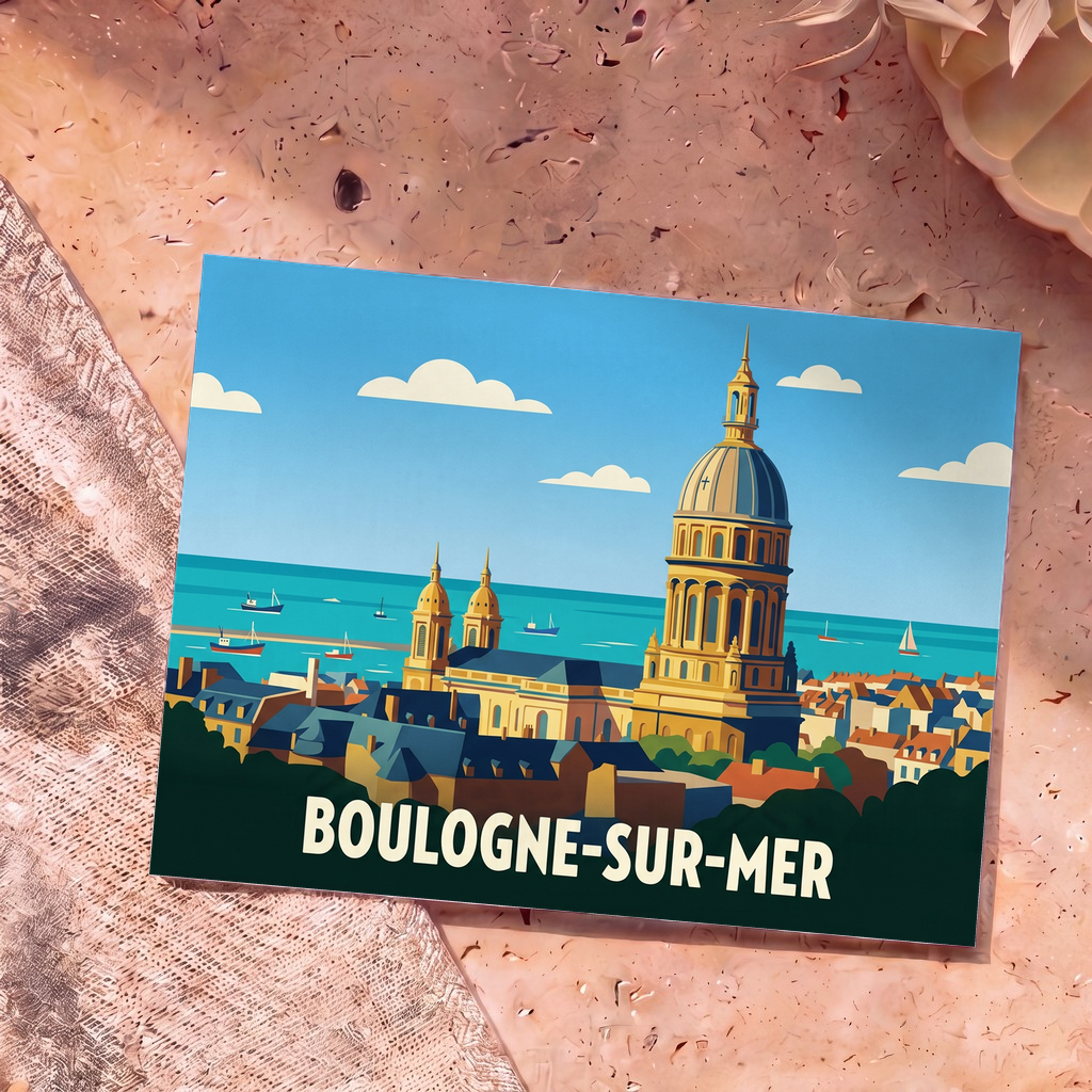 Carte postale souvenir de Boulogne-sur-Mer avec une illustration stylisée de sa basilique surplombant la mer.